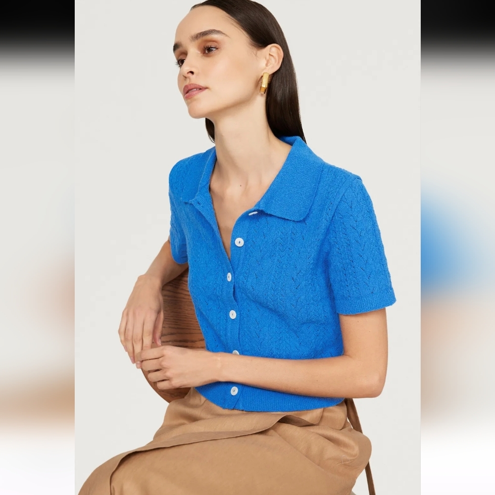 Dunst Open Collar Blue Short Cardigan Size S